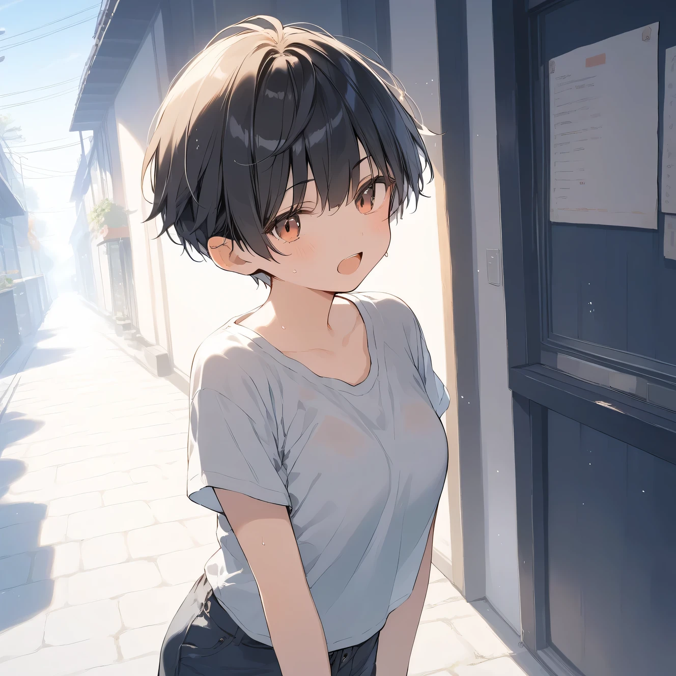score_9, score_8_up, score_7_up, source_anime, best quality, masterpiece, official art, absurdres, highres, ultra-detailed,waifu2x,Collection: Serious Beauty,break,1girl, tomboy, very short hair, pixie cut, breasts, beautiful detailed eyes, open mouth, (yawn:0.3), sleepily, , shorts, sweat, outdoors, rural, wind, break,(clear line illustration:1.2), super detailed skin,very high resolution, very aesthetic, Best sexual lighting powered by famous artist, 8k, beauty illustration,photoshop_(medium),,(Detailed Lighting),best anime 8k konachan wallpaper, pixiv contest winner,