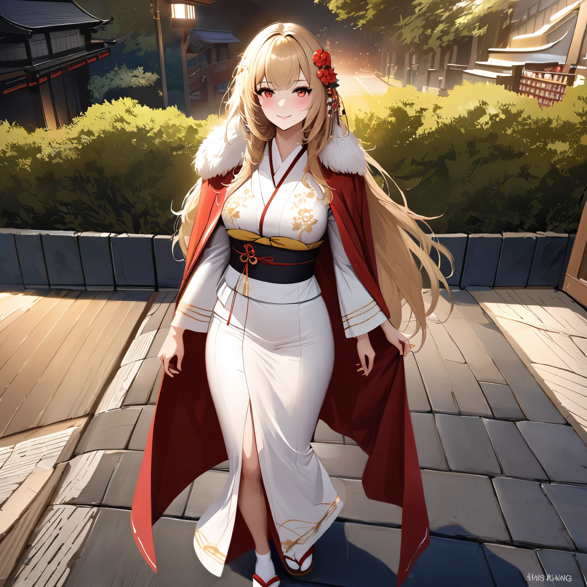 A woman wearing a long-sleeved white yukata, golden leather designs on the yukata, red fur cape on the shoulders, standing, white socks, Japanese slippers, walking on a traditional Japanese sidewalk, daytime, with trees around, breasts big, blonde hair, red flower in the hair, long hair, red eyes, smiling, perfect face, perfect eyes, close view, Azur_lane, HMS_King_George_V, location at night, with perfect lighting, realistic
