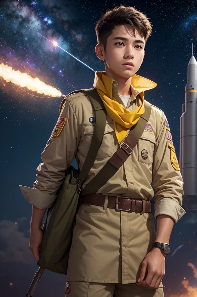 A boy scout in a khaki-colored dress shirt with a yellow scout scarf with a rocket behind him and a galaxy behind him