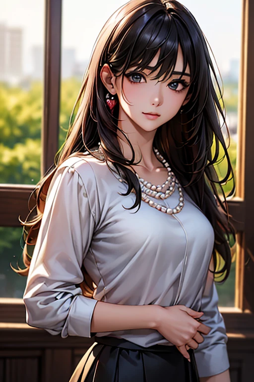 ((Highest quality)),(超High resolution),(Very detailed),(Detailed Description),((The best CG)),(masterpiece),Ultra-detailed art、(Highest quality、8k、32K、masterpiece)、(Realistic)、(Realistic:1.2)、(High resolution)、Very detailed、Very beautiful face and eyes、1 female、((:1.3))、Tight waist、Delicate body、(Highest quality、Attention to detail、Rich skin detail)、(Highest quality、8k、Oil paints:1.2)、Very detailed、(Realistic、Realistic:1.37)、Bright colors、Japanese woman in her mid-20s。With long hair、Black straight hair。Large, wide eyes、Thin and well-trimmed eyebrows、High nose、Small, well-shaped mouth、Light Skin Tone。With a soft smile。((Red cache-coeur blouse:1.6、Wearing a black flared skirt、Wearing a pearl necklace。Wearing black pumps))。In the background is a park with seasonal flowers in bloom.、Standing facing forward under a clear daytime sky。