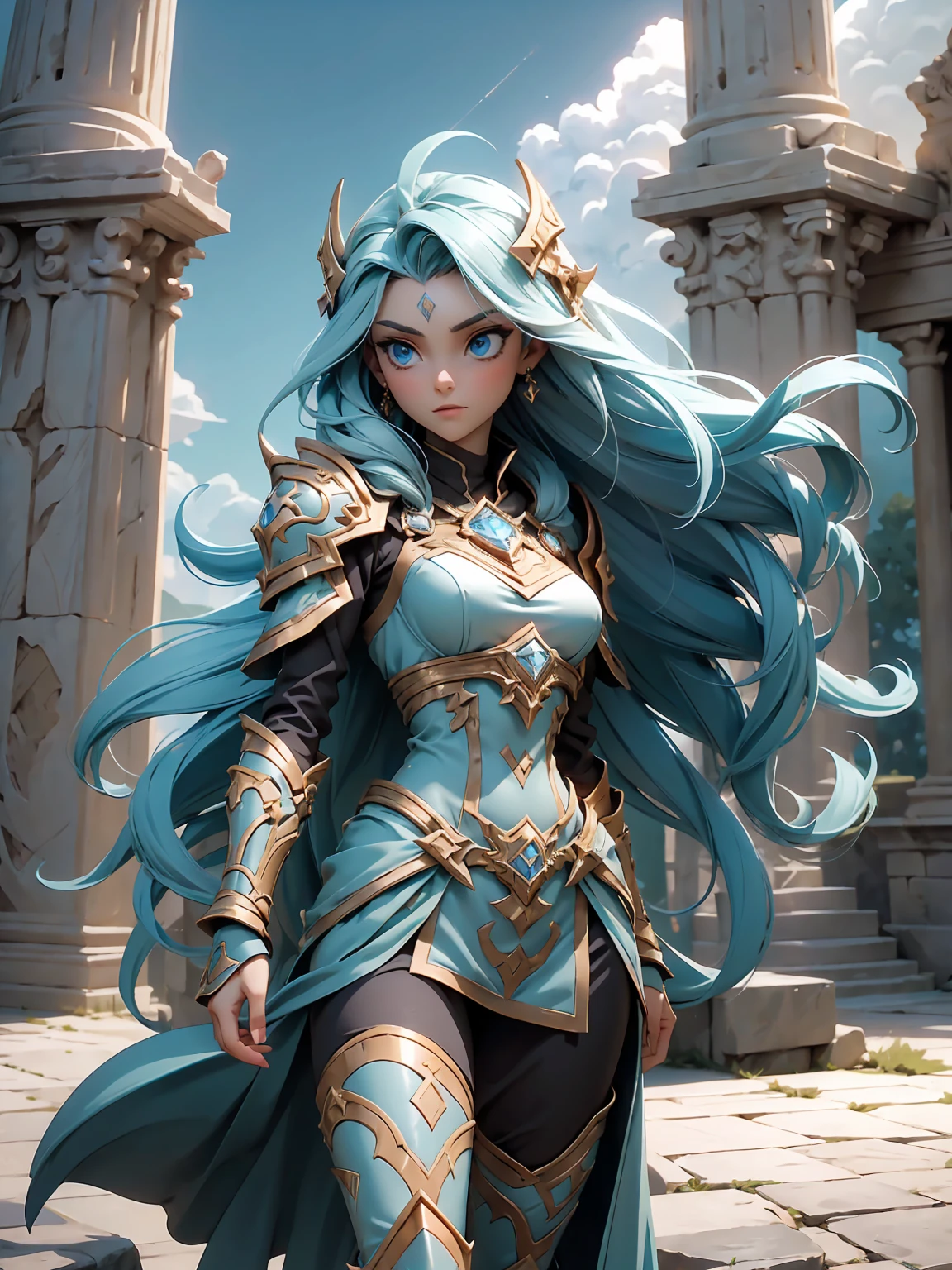(((masterpiece, best quality, 16K)))((Full body shot)) of a fearless paladin with unparalleled beauty, featuring long, dark hair and striking blue eyes. She wears intricately designed draconic armor that glimmers with a mystical aura. Her armor is adorned with dragon scales and ornate patterns, giving it both an imposing and elegant appearance. In her hand, she wields a magnificent sword, the blade shimmering with a divine light, etched with runes of power. She stands in a majestic, celestial landscape, with radiant light filtering through the clouds, casting a holy glow upon her. The ground beneath her is a mix of ancient stones and sacred symbols, glowing softly as if infused with holy energy. Surrounding her are ethereal figures in shades of gold and white, their presence adding to the divine ambiance. The background features towering, ancient ruins and magnificent, skyward-reaching structures, hinting at a grand, heavenly stronghold. The scene is inspiring and powerful, with her face showing a serene yet determined expression, her eyes locked onto her noble mission.

[Best quality], [Masterpiece], [Ultra-detailed], [4k], {inspiring|majestic} atmosphere, celestial landscape, {dynamic pose|noble stance}, radiant illumination, {soft shadows|divine lighting}, {glowing ancient stones:0.7}, {ethereal figures:0.6}, {heavenly architecture:0.5}, {towering ruins:0.4}, {skyward-reaching structures:0.3}.