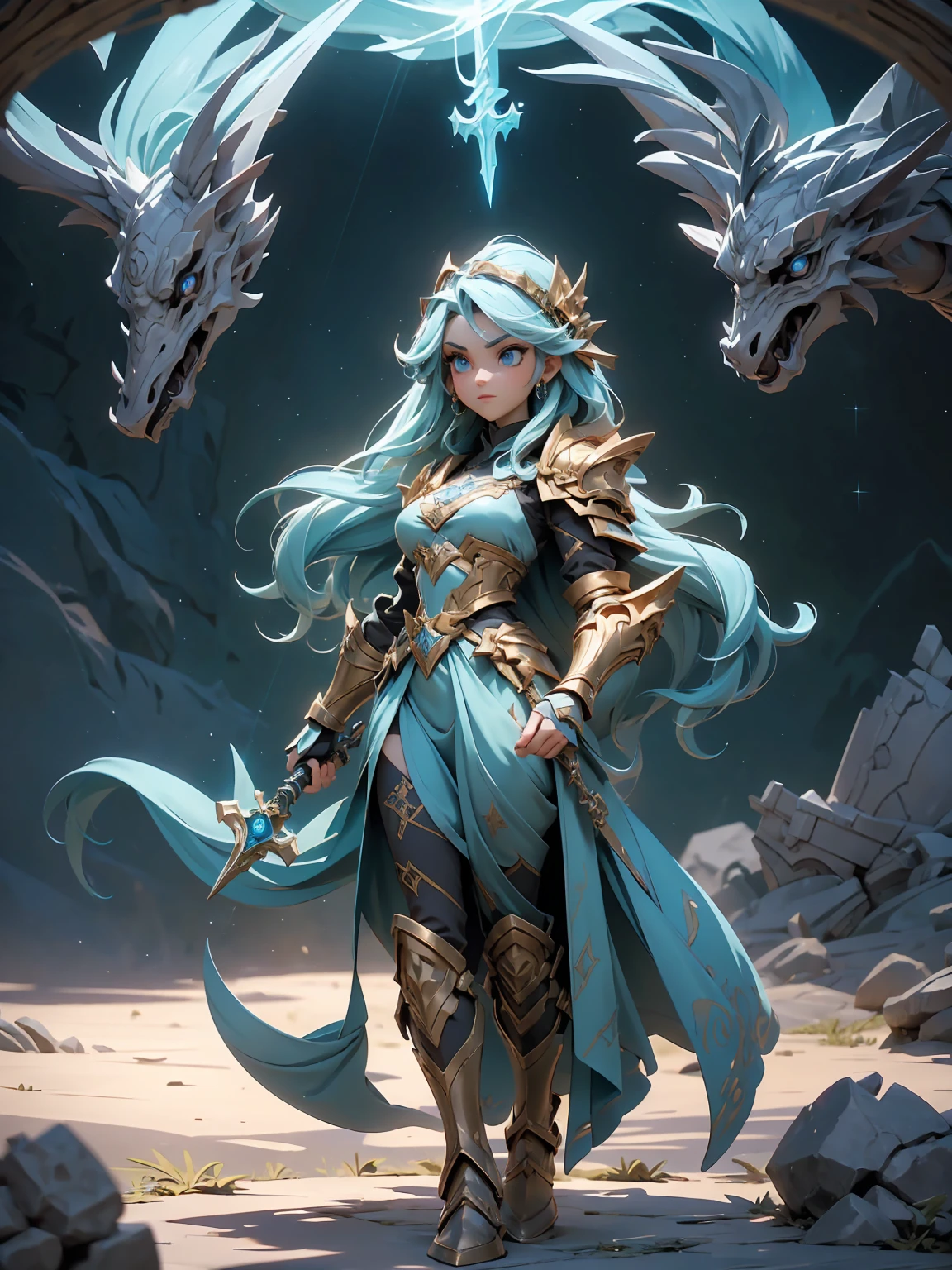(((masterpiece, best quality, 16K)))((Full body shot)) of a fearless paladin with unparalleled beauty, featuring long, dark hair and striking blue eyes. She wears intricately designed draconic armor that glimmers with a mystical aura. Her armor is adorned with dragon scales and ornate patterns, giving it both an imposing and elegant appearance. In her hand, she wields a magnificent sword, the blade shimmering with a divine light, etched with runes of power. She stands in a majestic, celestial landscape, with radiant light filtering through the clouds, casting a holy glow upon her. The ground beneath her is a mix of ancient stones and sacred symbols, glowing softly as if infused with holy energy. Surrounding her are ethereal figures in shades of gold and white, their presence adding to the divine ambiance. The background features towering, ancient ruins and magnificent, skyward-reaching structures, hinting at a grand, heavenly stronghold. The scene is inspiring and powerful, with her face showing a serene yet determined expression, her eyes locked onto her noble mission.

[Best quality], [Masterpiece], [Ultra-detailed], [4k], {inspiring|majestic} atmosphere, celestial landscape, {dynamic pose|noble stance}, radiant illumination, {soft shadows|divine lighting}, {glowing ancient stones:0.7}, {ethereal figures:0.6}, {heavenly architecture:0.5}, {towering ruins:0.4}, {skyward-reaching structures:0.3}.