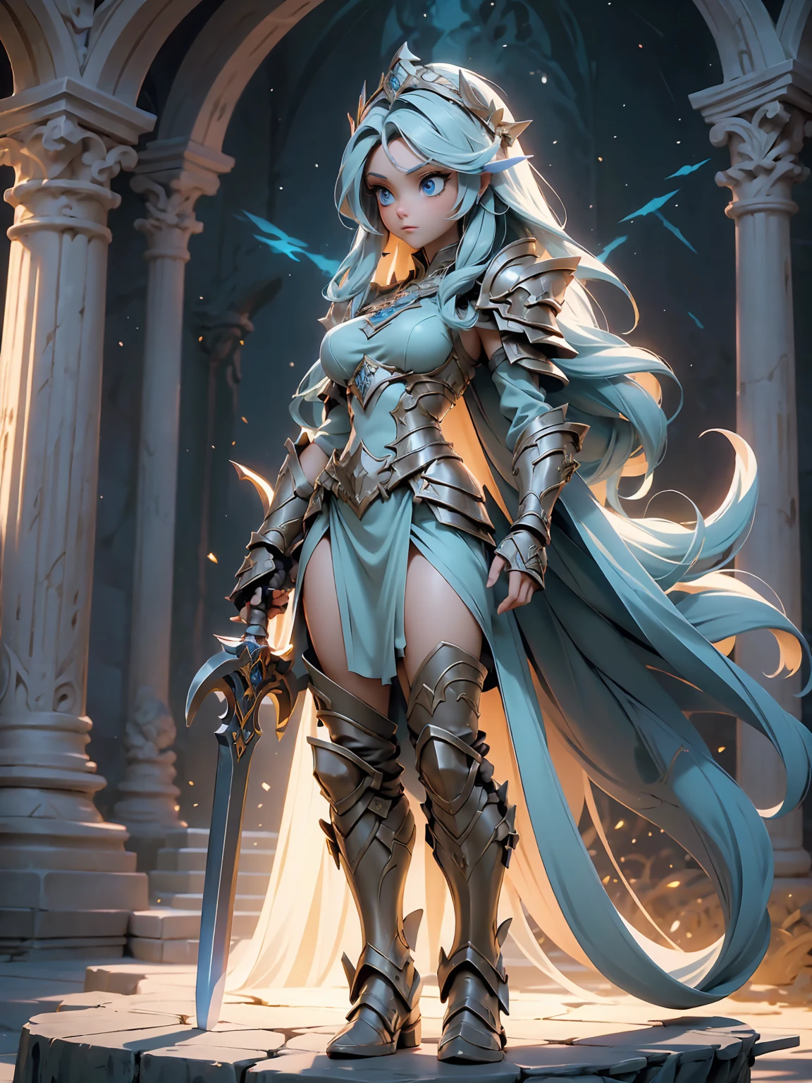 (((masterpiece, best quality, 16K)))((Full body shot)) of a fearless paladin with unparalleled beauty, featuring long, dark hair and striking blue eyes. She wears intricately designed draconic armor that glimmers with a mystical aura. Her armor is adorned with dragon scales and ornate patterns, giving it both an imposing and elegant appearance. In her hand, she wields a magnificent sword, the blade shimmering with a divine light, etched with runes of power. She stands in a majestic, celestial landscape, with radiant light filtering through the clouds, casting a holy glow upon her. The ground beneath her is a mix of ancient stones and sacred symbols, glowing softly as if infused with holy energy. Surrounding her are ethereal figures in shades of gold and white, their presence adding to the divine ambiance. The background features towering, ancient ruins and magnificent, skyward-reaching structures, hinting at a grand, heavenly stronghold. The scene is inspiring and powerful, with her face showing a serene yet determined expression, her eyes locked onto her noble mission.

[Best quality], [Masterpiece], [Ultra-detailed], [4k], {inspiring|majestic} atmosphere, celestial landscape, {dynamic pose|noble stance}, radiant illumination, {soft shadows|divine lighting}, {glowing ancient stones:0.7}, {ethereal figures:0.6}, {heavenly architecture:0.5}, {towering ruins:0.4}, {skyward-reaching structures:0.3}.