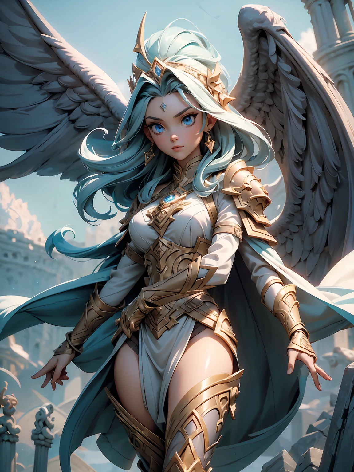 (((masterpiece, best quality, 16K)))((Full body shot)) of a fearless paladin with unparalleled beauty, featuring long, dark hair and striking blue eyes. She wears intricately designed draconic armor that glimmers with a mystical aura. Her armor is adorned with dragon scales and ornate patterns, giving it both an imposing and elegant appearance. In her hand, she wields a magnificent sword, the blade shimmering with a divine light, etched with runes of power. She stands in a majestic, celestial landscape, with radiant light filtering through the clouds, casting a holy glow upon her. The ground beneath her is a mix of ancient stones and sacred symbols, glowing softly as if infused with holy energy. Surrounding her are ethereal figures in shades of gold and white, their presence adding to the divine ambiance. The background features towering, ancient ruins and magnificent, skyward-reaching structures, hinting at a grand, heavenly stronghold. The scene is inspiring and powerful, with her face showing a serene yet determined expression, her eyes locked onto her noble mission.

[Best quality], [Masterpiece], [Ultra-detailed], [4k], {inspiring|majestic} atmosphere, celestial landscape, {dynamic pose|noble stance}, radiant illumination, {soft shadows|divine lighting}, {glowing ancient stones:0.7}, {ethereal figures:0.6}, {heavenly architecture:0.5}, {towering ruins:0.4}, {skyward-reaching structures:0.3}.