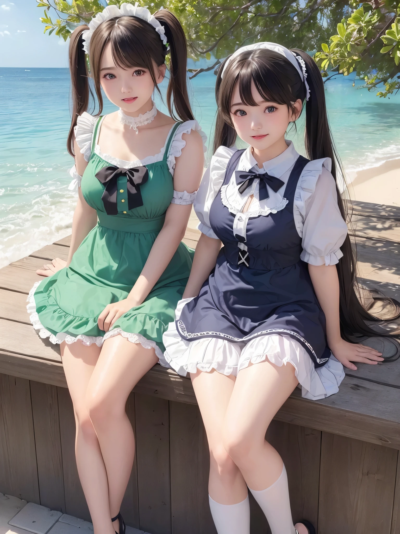 ((masterpiece)), ((highest quality、Ultra high definition)), (Very detailed),8K、Photo quality、((Amazingly cute girl)),16-year-old girl)), Two people, , (Beautiful emerald blue eyes), ((smile)),In the open-air bath overlooking the sea, Beautifully arranged black hair in twin tails、スリムボディー、((Cute lolita maid style swimsuit))、Professional Lighting、(White lace knee-highore detailed and beautiful)、(More details and cutenesore realistic)、((Just wear light clothing))、プールではしゃぐ、