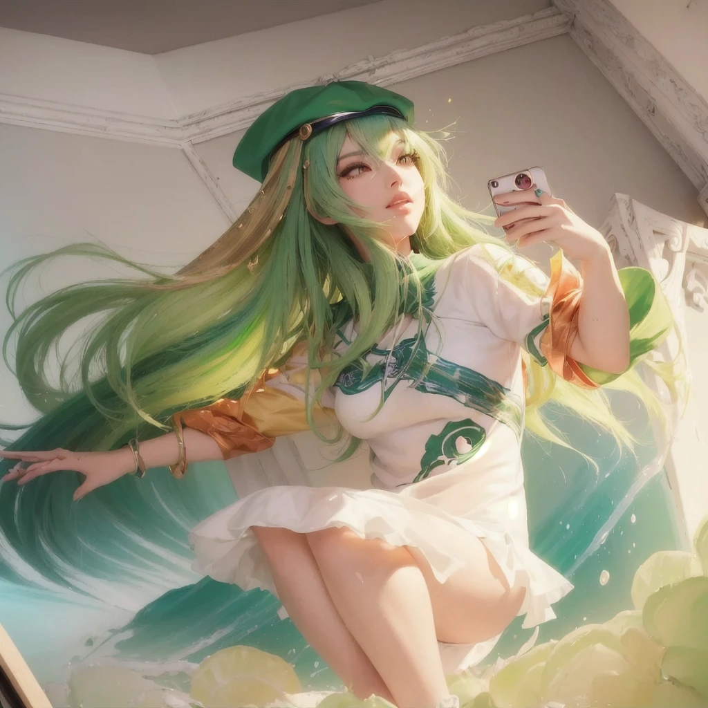 realistic girl with green hair and a green hat holding a cell phone, style artgerm, style of artgerm, extremely detailed artgerm, artgerm style, cushart krenz key art feminine, artgerm lau, splash art anime , artgerm. beautiful illustration, in style of artgerm, ! dream artgerm
