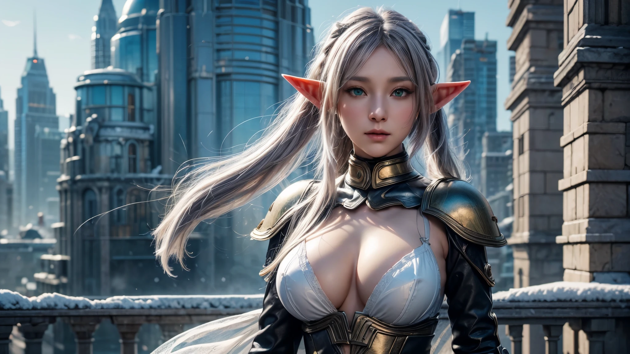 Female Elf，Close-up, Hollow future armor, 2. 5D CGI anime fantasy artwork, Large Breasts，Epic fantasy digital art style, detailed Digital 2D fantasy art, Digital 2D fantasy art, original photo, (best quality:1.3), high resolution, (masterpiece), (lifelike:1.4), Professional photography, Clear focus, High Dynamic Range, 8K resolution, Intricate details, Fine details, Depth of Field, Extremely detailed CG unified 8k wallpaper, masterpiece，poster，best quality，Official Art，（Beauty and aesthetics：1.2），（masterpiece：1.3），Female Elf，individual，complex pattern，snow，Cyberpunk style future city，Medium distance photography，（early morning），dramatic，