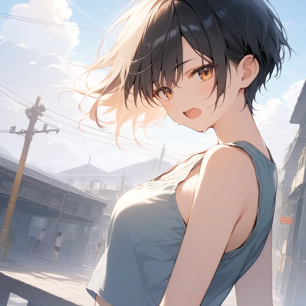 score_9, score_8_up, score_7_up, source_anime, best quality, masterpiece, official art, absurdres, highres, ultra-detailed,waifu2x,Collection: Serious Beauty,break,1girl, tomboy, very short hair, pixie cut, breasts, beautiful detailed eyes, open mouth, (yawn:0.3), sleepily, , shorts, sweat, outdoors, rural, wind, break,(clear line illustration:1.2), super detailed skin,very high resolution, very aesthetic, Best sexual lighting powered by famous artist, 8k, beauty illustration,photoshop_(medium),,(Detailed Lighting),best anime 8k konachan wallpaper, pixiv contest winner,