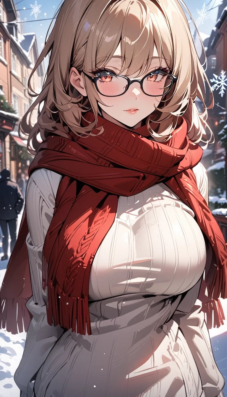 （best quality，4K，8K，high resolution，masterpiece：1.4），Ultra Detailed，Detail face：1.3，White sweater，red scarf，wear glasses，Perfect body，Large Breasts，Fashion，winter，Snowflakes falling，Anime style