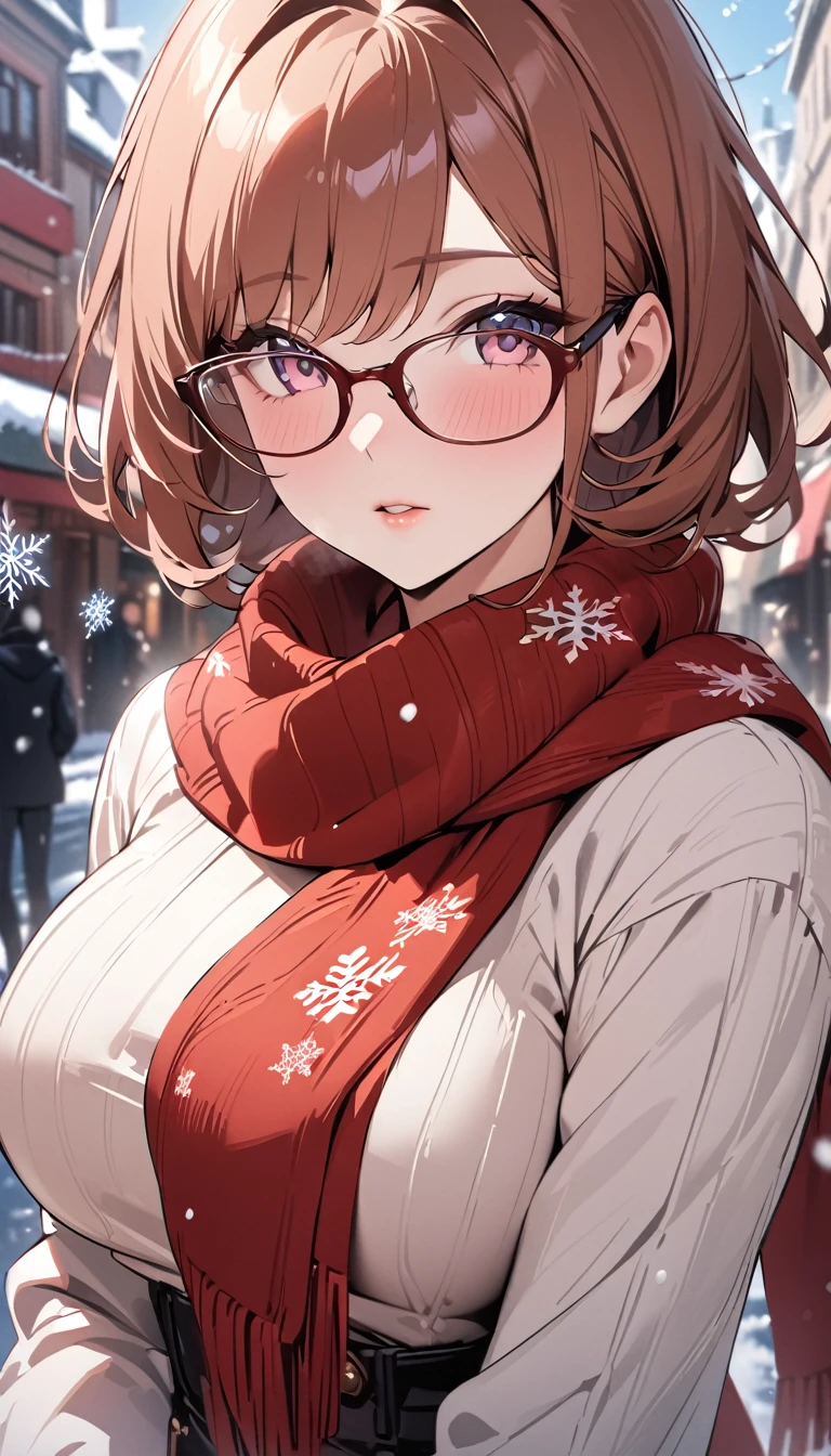 （best quality，4K，8K，high resolution，masterpiece：1.4），Ultra Detailed，Detail face：1.3，White sweater，red scarf，wear glasses，Perfect body，Large Breasts，Fashion，winter，Snowflakes falling，Anime style