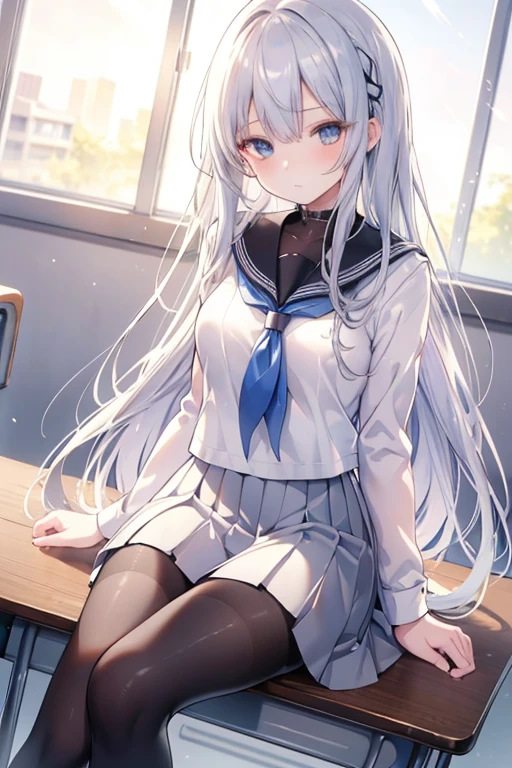 masterpiece, best quality, ultra-detailed, illustration, colorful, falt color, depth of field, lens flare,

1girl, anime, sitting, silver hair, looking at viewer,school, classroom, pleated miniskirt , , serafuku, black pantyhose, detailed skin texture, detailed cloth texture, beautiful detailed face,,long hair 