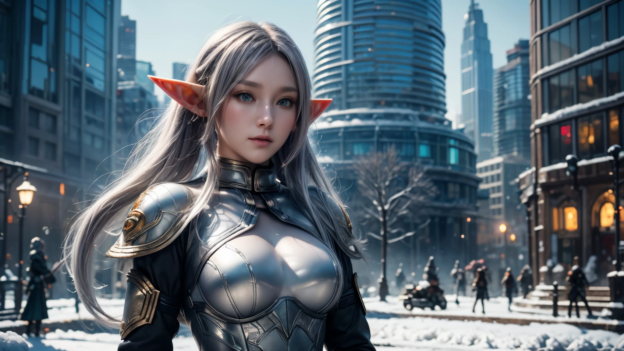 Female Elf，Close-up, Hollow future armor, 2. 5D CGI anime fantasy artwork, Large Breasts，Epic fantasy digital art style, detailed Digital 2D fantasy art, Digital 2D fantasy art, original photo, (best quality:1.3), high resolution, (masterpiece), (lifelike:1.4), Professional photography, Clear focus, High Dynamic Range, 8K resolution, Intricate details, Fine details, Depth of Field, Extremely detailed CG unified 8k wallpaper, masterpiece，poster，best quality，Official Art，（Beauty and aesthetics：1.2），（masterpiece：1.3），Female Elf，individual，complex pattern，snow，Cyberpunk style future city，Medium distance photography，（early morning），dramatic，