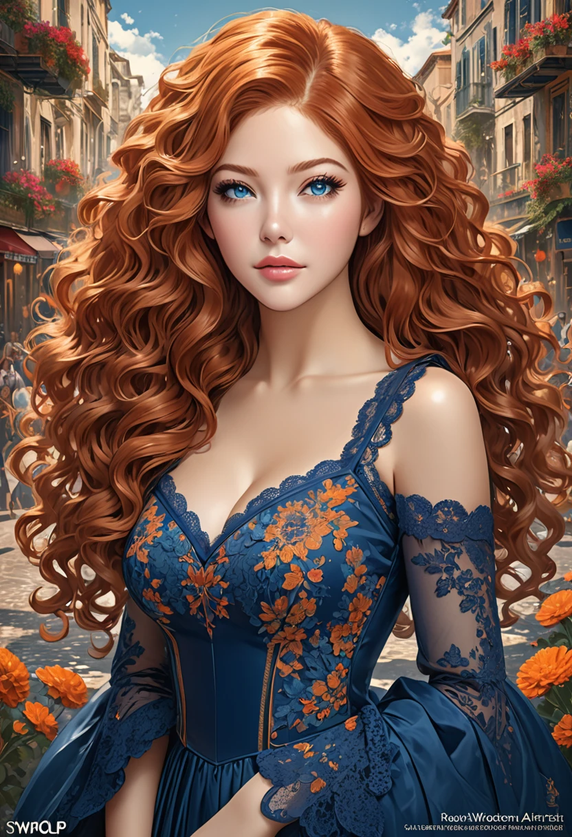 Beautiful boho women stunning merge of Rachelle Lefevre. with Navy-blue-dress. blue lace. copper colored hair that is coarse, wiry, and tightly curled. It often has a rough texture, feels stiff to the touch, and may be prone to frizz and tangling. The curls can be densely packed. The Official Art – An Award-Winning Digital Masterpiece In 4K Ultra HD, Extreme Detail And Intricate Realism. symmetrical face. This Concept Art Brought To Life By The Hands Of Artists Like Wlop & Artgerm In A Stunning 2D Vector Illustration. large, perky, full, vuluptious, symmetrical and spherical breasts. Background is a panoramic vista.