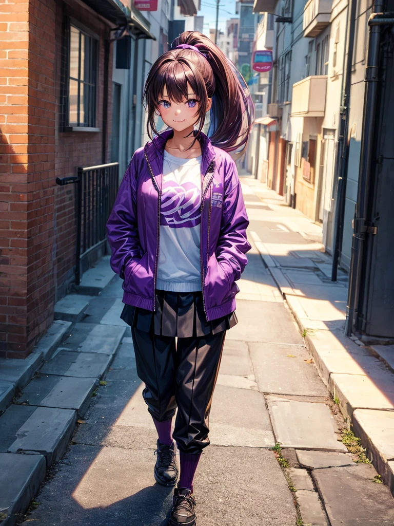 Best Quality,Young Girl, girl,Light novel,Elementary school girl,Beautiful girls,8K,Perfectly portrayed,Hands in pockets,ponytail,Purple Eyes,Purple Hair,smile,High quality,future fashion,Brown Hair,Coordination,Absurd,colorful,masterpiece,Long Hair,Blue Track Jacket,Sparkling,Horny girl,Long trousers,Naughty Girls,Angel,Perfect Face,strongest,tights,stylish,