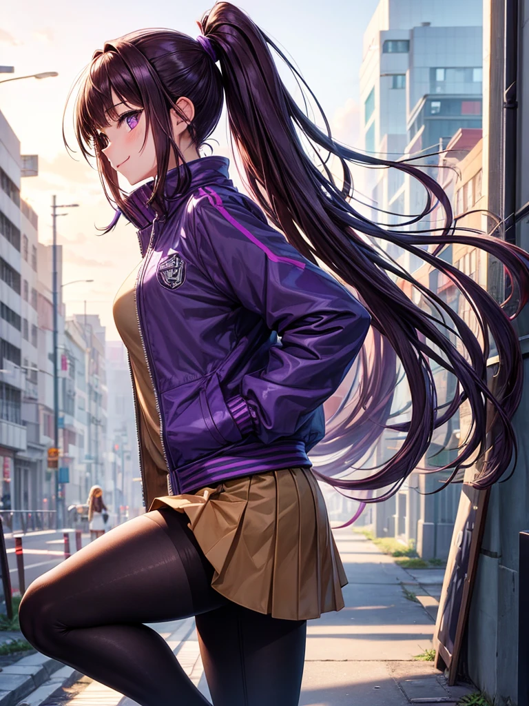 Best Quality，Young Girl， girl，Light novel，Elementary school girl，Beautiful girls，８K，Perfectly portrayed，Hands in pockets，ponytail，Purple Eyes，Purple Hair，smile，High quality，future fashion，Brown Hair，Coordination，Absurd，colorful，masterpiece，Long Hair，Blue Track Jacket，Sparkling，Horny girl，Long trousers，Naughty Girls，Angel，Perfect Face，strongest，tights，stylish，