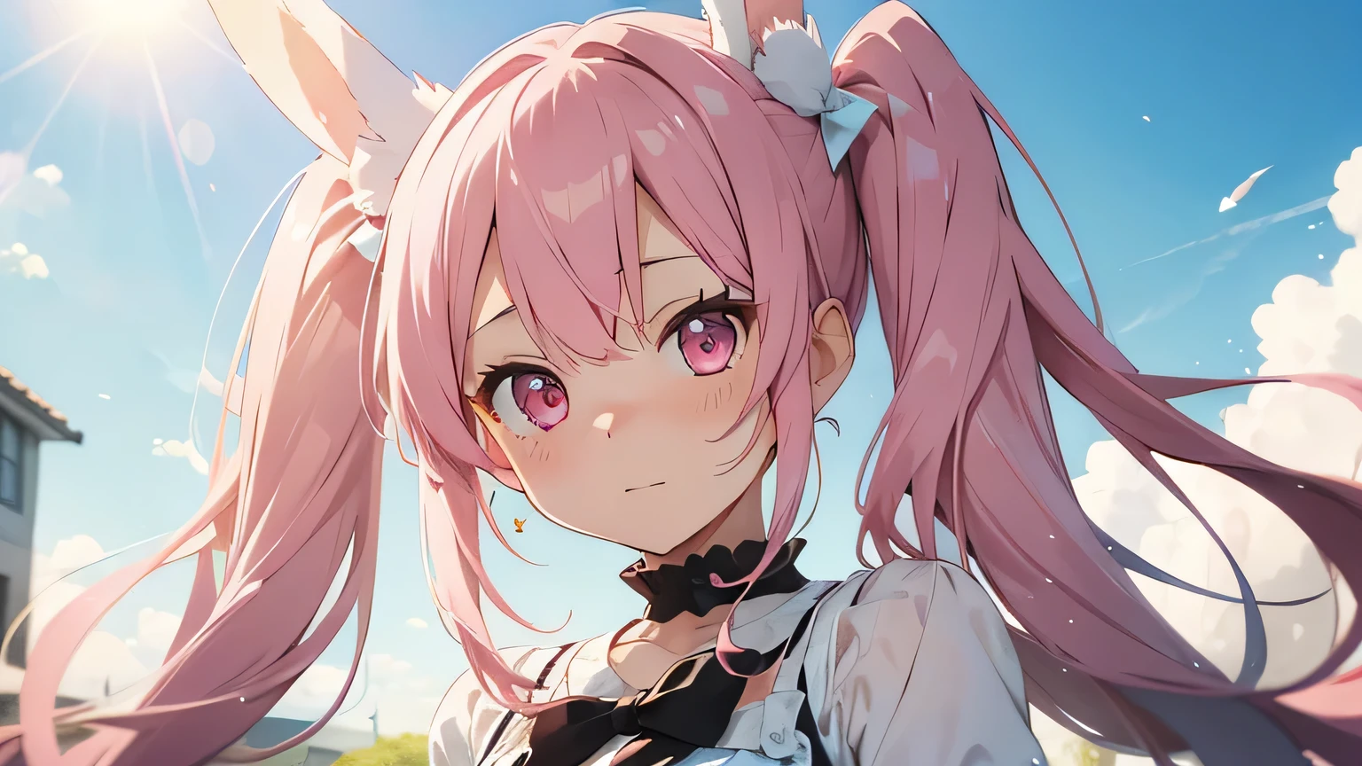 Highest quality, pretty girl, pastel colour, Fluffy bunny ears, Pink long hair,Pale pink eyes,Twin tails、Sunshine in Dream