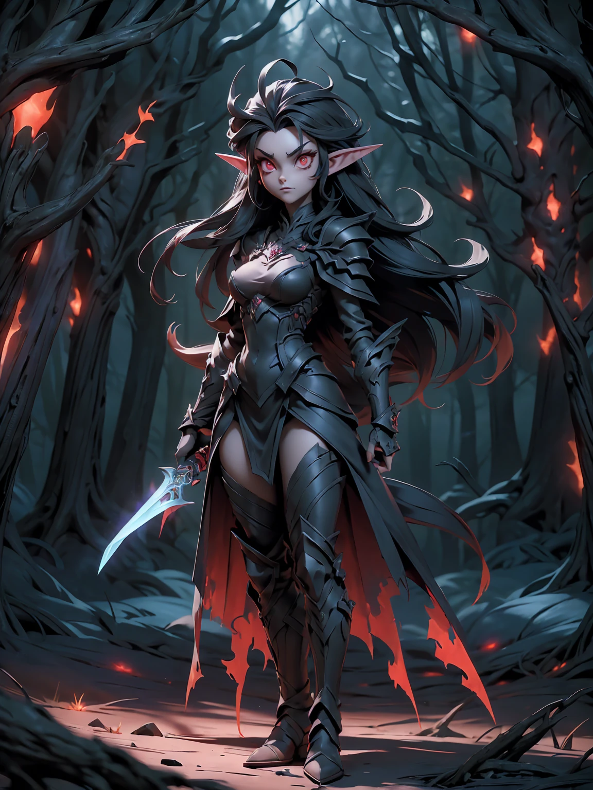 (((masterpiece))),(((highest quality)))(((16k)))((full body shot))A stunning artwork of a fierce demonic elf standing in a cursed forest. The full-body view showcases her in dark armor, exuding an aura of malevolent grace and unyielding power. Her long, flowing dark gray hair frames a face of eerie beauty, highlighted by red eyes that glow with otherworldly menace. She holds a cursed sword, intricately designed and radiating dark energy, adding to her formidable presence. The scenery around her is a twisted, shadowy forest with gnarled trees and glowing red eyes peering from the darkness. Mist and sinister shadows enhance the ominous atmosphere, creating a scene of haunting dread.