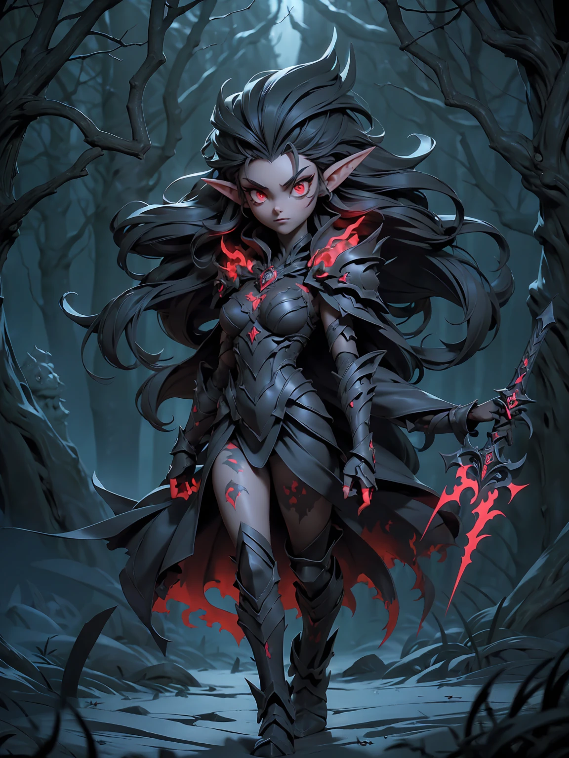 (((masterpiece))),(((highest quality)))(((16k)))((full body shot))A stunning artwork of a fierce demonic elf standing in a cursed forest. The full-body view showcases her in dark armor, exuding an aura of malevolent grace and unyielding power. Her long, flowing dark gray hair frames a face of eerie beauty, highlighted by red eyes that glow with otherworldly menace. She holds a cursed sword, intricately designed and radiating dark energy, adding to her formidable presence. The scenery around her is a twisted, shadowy forest with gnarled trees and glowing red eyes peering from the darkness. Mist and sinister shadows enhance the ominous atmosphere, creating a scene of haunting dread.