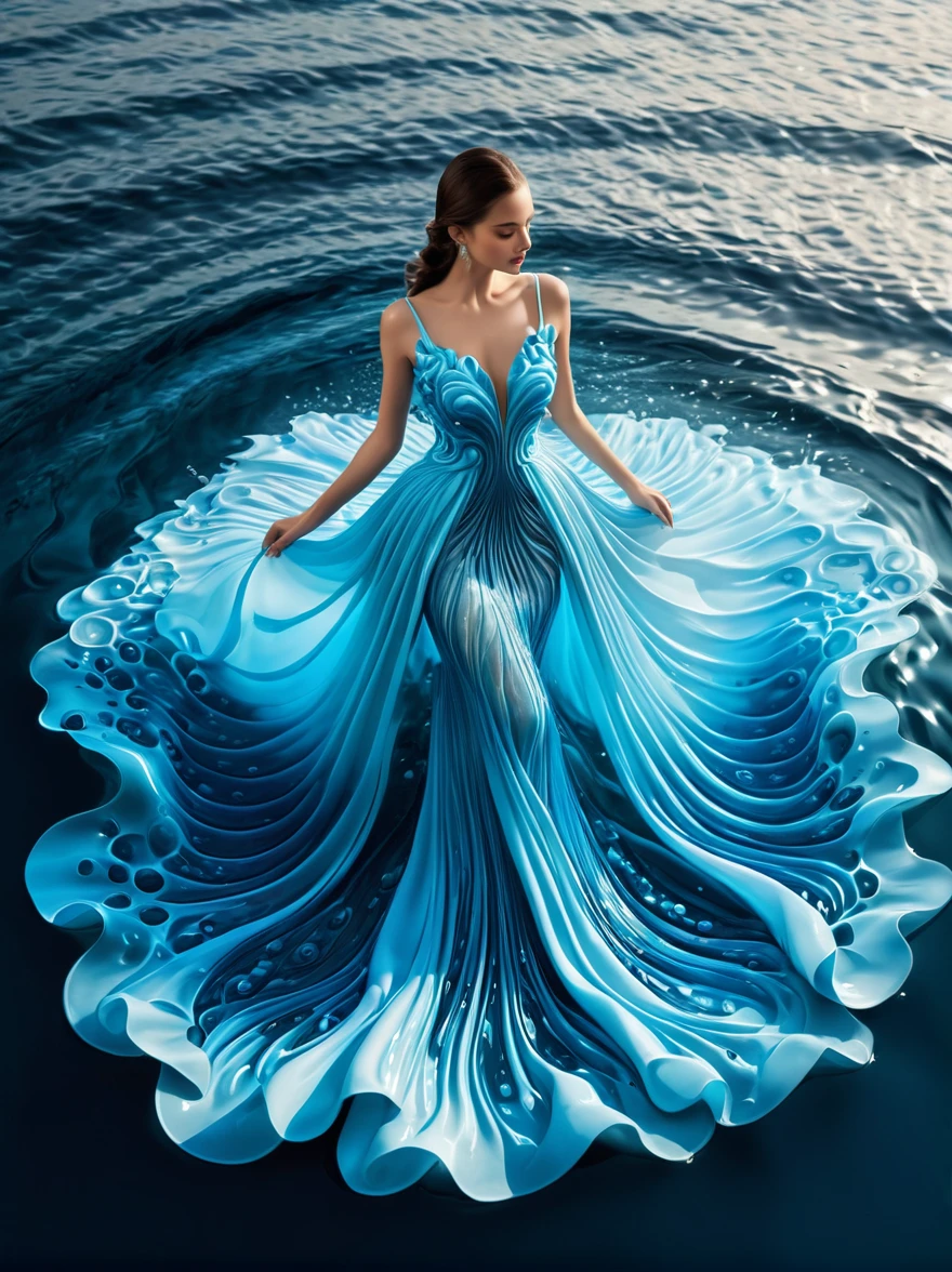 A girl，Wearing a gorgeous outfit made of water，Exquisite dress，Elegant water dress，Gorgeous and elegant，Luxurious clothing，Inspired by Hedi Xandt&#39;s design style，Her attire includes intricate clothing，ornate royal robes，Fine clothing and robes，and dresses with delicate and elegant details，She stepped on high heels，Dressed in royal style，Her hands have finely detailed finger drawings，(((The fire burned in her body，Also dancing on the skirt，The fire element gave her a winged form)))，(Covered with transparent fabric，It's a masterpiece, The highest quality artistic presentation:1.2)，(8K resolution high-definition RAW photos，a realistic style，Photorealistic:1.3)，(Skin texture is extremely detailed, The fabric texture is exquisite, Realistic flame effects, Beautiful and delicate face:1.25)，Professional lighting arrangement，Photon Mapping Technology，Soft and beautiful light processing，Radiometric calculation method，High-end shooting techniques such as physically based realistic rendering and ray tracing technology are used in it，Model-like shooting style，(Extremely fine CG unified 8K wallpaper)，Full-length photo shows one of the most beautiful works of art in the world