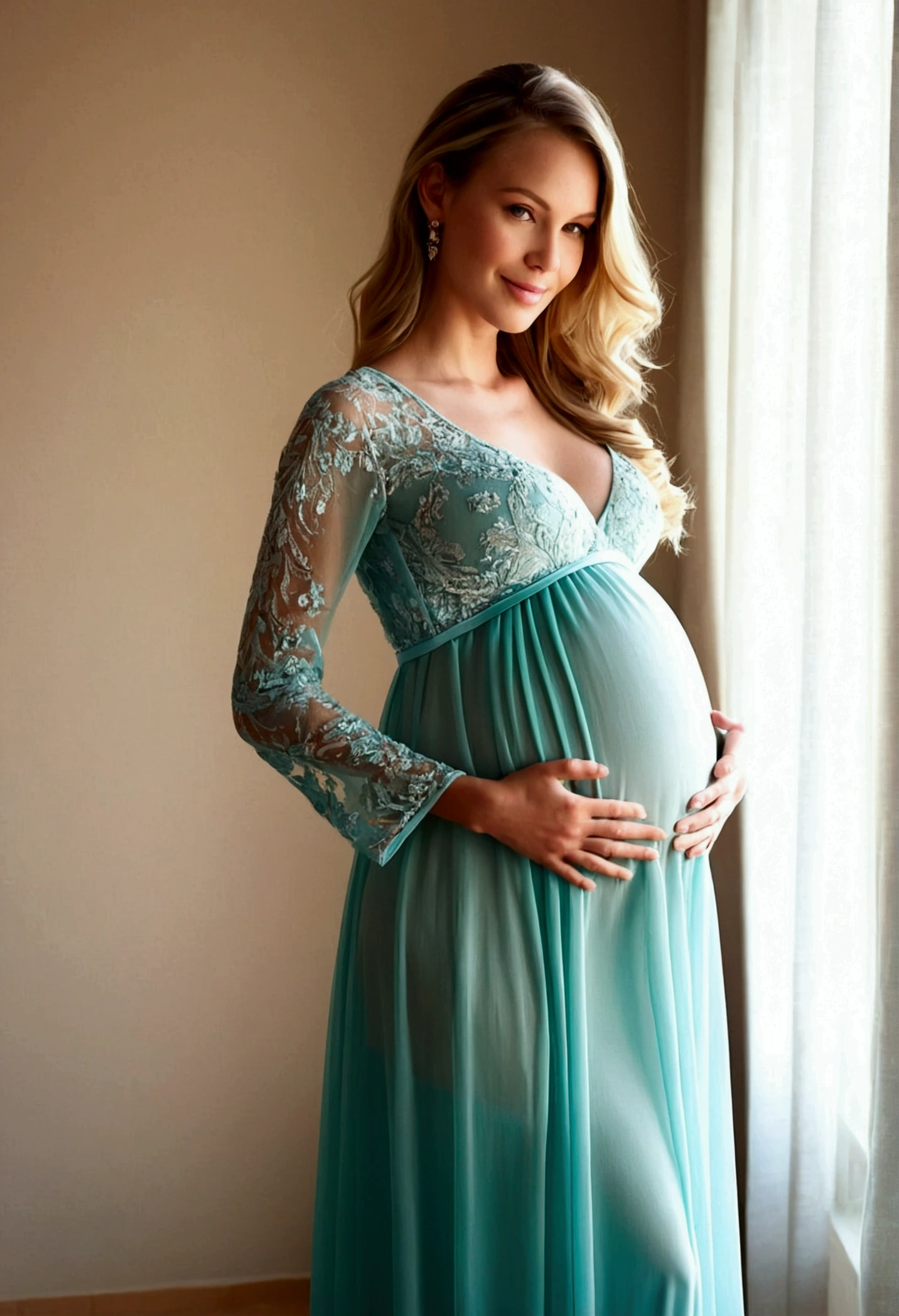 a beautiful model , pregnant in a beautiful long dress, pregnancy dress