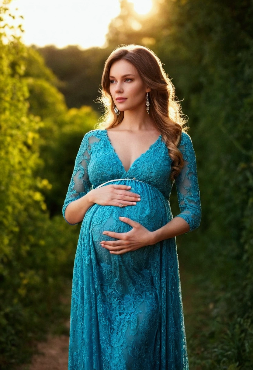 a beautiful model , pregnant in a beautiful long dress, pregnancy dress