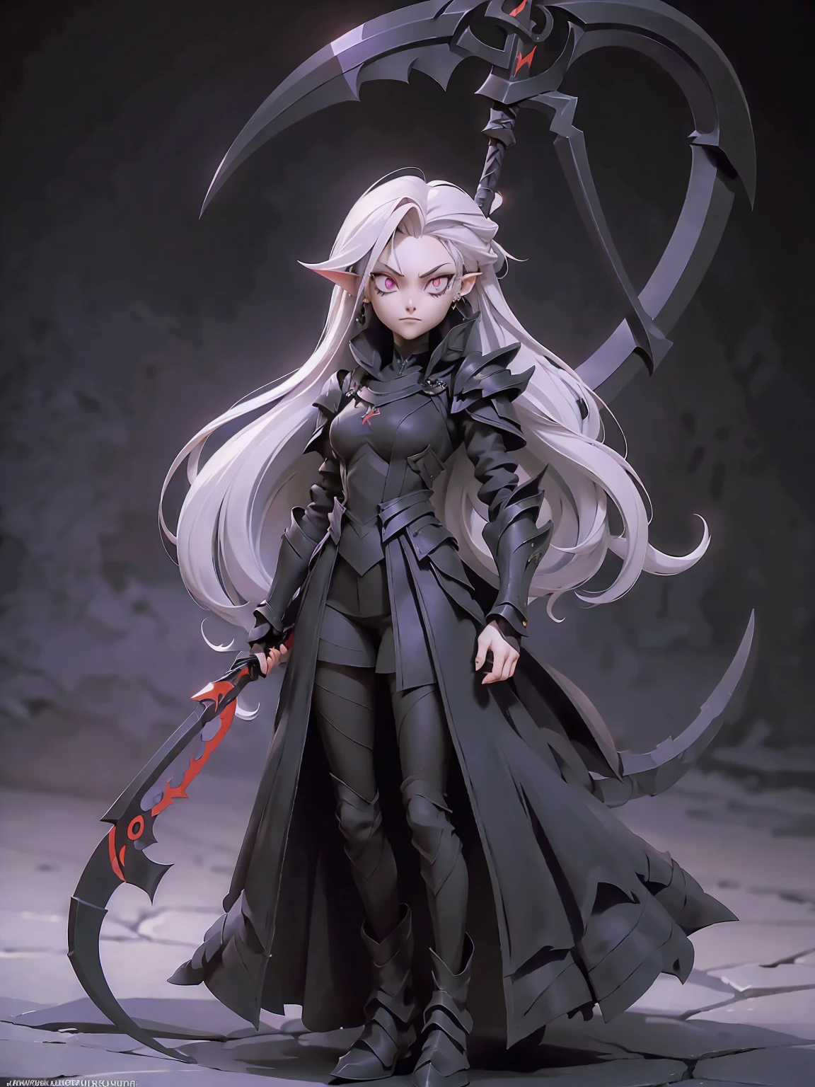 (((Masterpiece, best quality, 16k))) female character with long white hair and piercing red eyes. She wears a demonic armor in purple, black, and white. wields a large, stylized scythe. The character has a menacing expression, with a chaotic environment as the background. ((full body front view)). ((slender)), (extremely detailed:1.5), (long white hair:1.2), (piercing red eyes:1.2), (chaotic environment:1.1), (demonic armor:1.3), (stylized scythe:1.3).