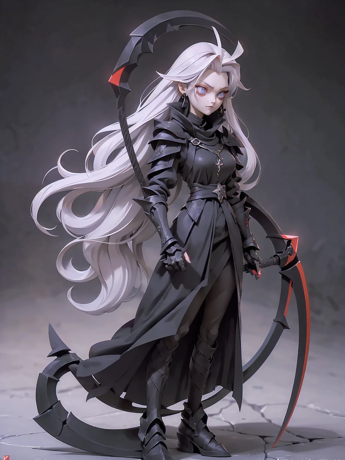 (((Masterpiece, best quality, 16k))) female character with long white hair and piercing red eyes. She wears a demonic armor in purple, black, and white. wields a large, stylized scythe. The character has a menacing expression, with a chaotic environment as the background. ((full body front view)). ((slender)), (extremely detailed:1.5), (long white hair:1.2), (piercing red eyes:1.2), (chaotic environment:1.1), (demonic armor:1.3), (stylized scythe:1.3).