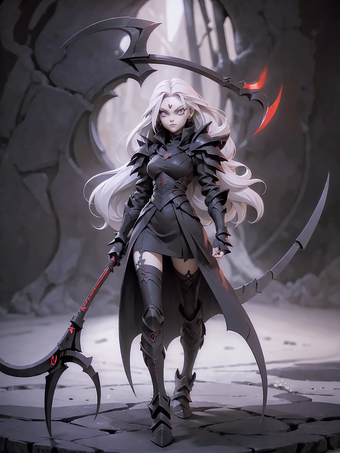(((Masterpiece, best quality, 16k))) female character with long white hair and piercing red eyes. She wears a demonic armor in purple, black, and white. wields a large, stylized scythe. The character has a menacing expression, with a chaotic environment as the background. ((full body front view)). ((slender)), (extremely detailed:1.5), (long white hair:1.2), (piercing red eyes:1.2), (chaotic environment:1.1), (demonic armor:1.3), (stylized scythe:1.3).