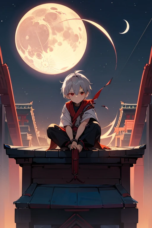 A boy around 7 years old with silver hair and red eyes, Shota, Cyborg, Shy face