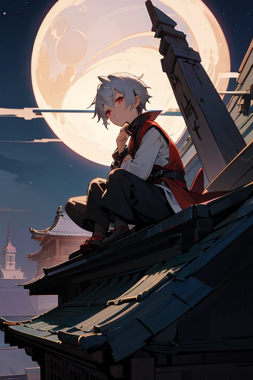 A boy around 7 years old with silver hair and red eyes, Shota, Cyborg, Shy face