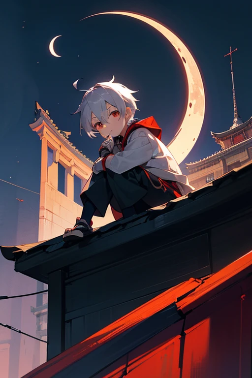 A boy around 7 years old with silver hair and red eyes, Shota, Cyborg, Shy face