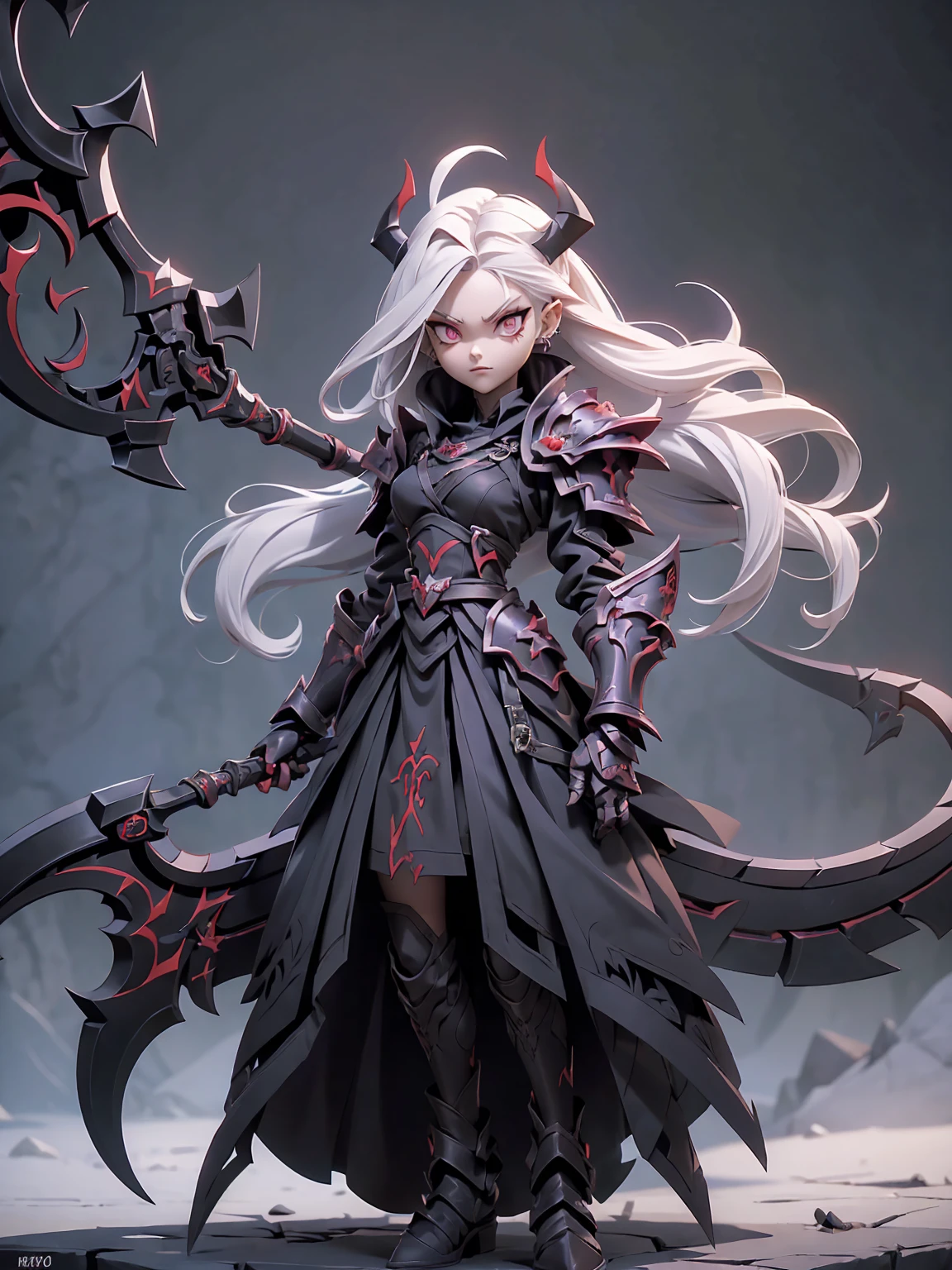 (((Masterpiece, best quality, 16k))) female character with long white hair and piercing red eyes. She wears a demonic armor in purple, black, and white. wields a large, stylized scythe. The character has a menacing expression, with a chaotic environment as the background. ((full body front view)). ((slender)), (extremely detailed:1.5), (long white hair:1.2), (piercing red eyes:1.2), (chaotic environment:1.1), (demonic armor:1.3), (stylized scythe:1.3).