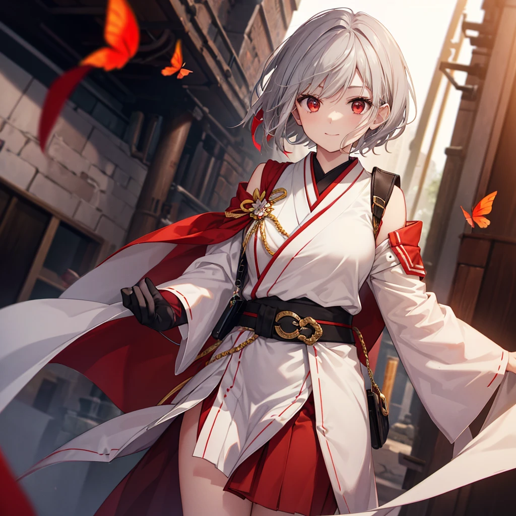 (((((1 person　Gray Hair、short hair、Red Sideburns　White and red clothes、shoulder)))))　((((High resolution　Put the sheath on your waist　Visible thighs))))　(((Black Belt　warrior　military commander、Close-up　smile　Red eyes)))　((Bright red butterfly　night　Japanese style、old　Shining Aura　garden、water surface　Catch the wind))　(Shining Background、Asahi　Shining Edges)