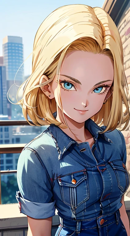 Beautiful portrait Android18DB, ( upper body closeup photo ), ( bokeh effect ), (cowboy shot), very seductive, seductively pose, smiling, fluffly, muito fluffly, ultra high definition, master part, ultra high-quality, ultra detailing, 8k, Big , topless , blue denim skirt showing pussy