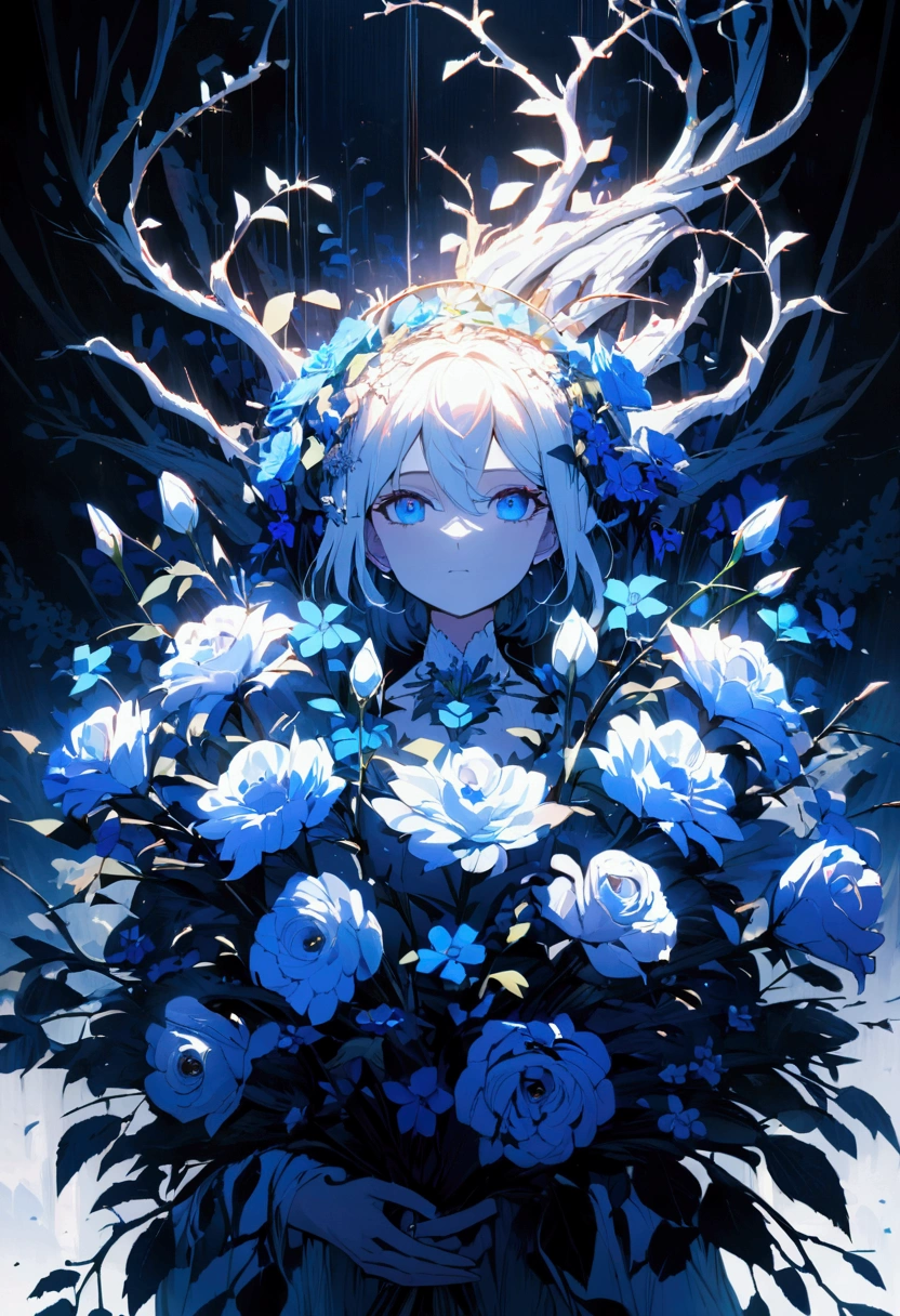 A beautiful detailed bouquet of delicate blue flowers, two large flower branches against a pure white background, vibrant colors, ultra-detailed, 4k highres, masterpiece, vivid, dramatic lighting, anime style, pétalas sopradas pelo vento