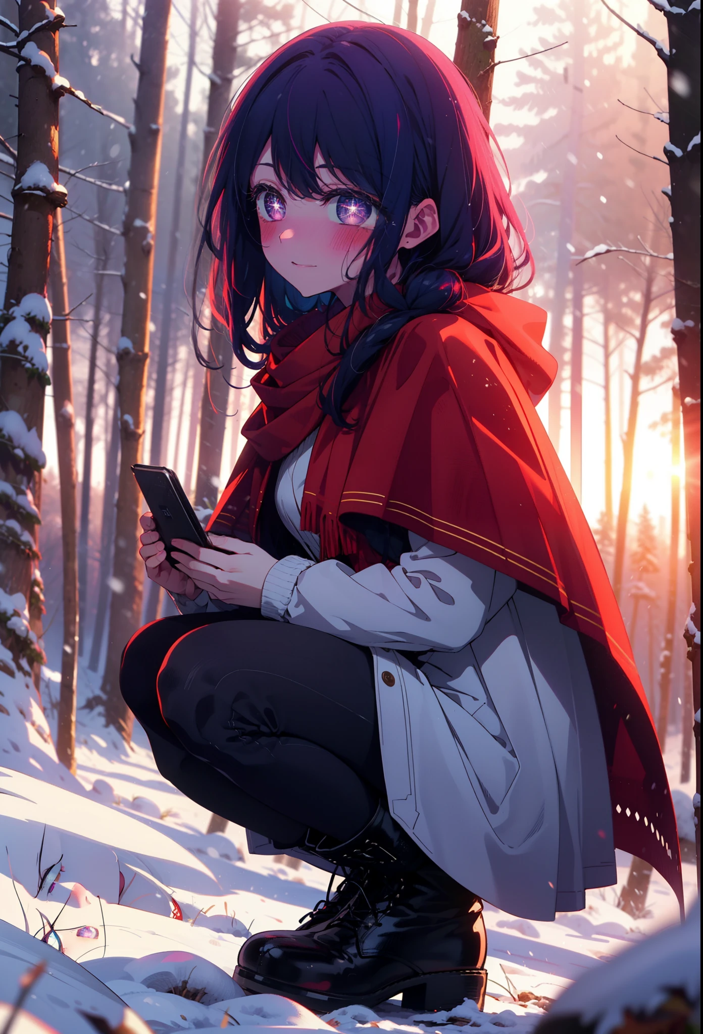 aihoshino, Ai Hoshino, Long Hair, bangs, (Purple eyes:1.1), Purple Hair, (Symbol-shaped pupil:1.5), smile,,smile,blush,white breath,
Open your mouth,snow,Ground bonfire, Outdoor, boots, snowing, From the side, wood, suitcase, Cape, Blurred, , forest, White handbag, nature, Squat, Mouth closed, Cape, winter, Written boundary depth, Black shoes, red Cape break looking at viewer, Upper Body, whole body, break Outdoor, forest, nature, break (masterpiece:1.2), Highest quality, High resolution, unity 8k wallpaper, (shape:0.8), (Beautiful and beautiful eyes:1.6), Highly detailed face, Perfect lighting, Highly detailed CG, (Perfect hands, Perfect Anatomy),