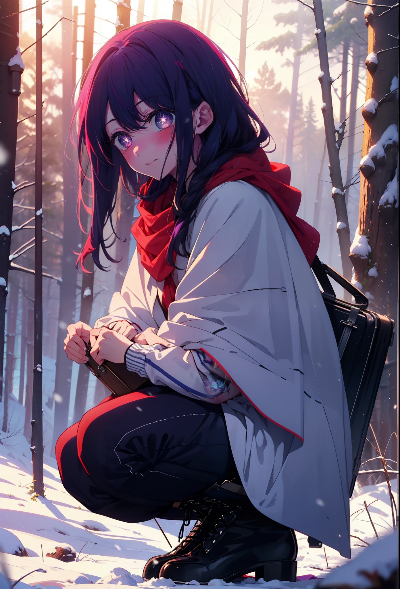 aihoshino, Ai Hoshino, Long Hair, bangs, (Purple eyes:1.1), Purple Hair, (Symbol-shaped pupil:1.5), smile,,smile,blush,white breath,
Open your mouth,snow,Ground bonfire, Outdoor, boots, snowing, From the side, wood, suitcase, Cape, Blurred, , forest, White handbag, nature, Squat, Mouth closed, Cape, winter, Written boundary depth, Black shoes, red Cape break looking at viewer, Upper Body, whole body, break Outdoor, forest, nature, break (masterpiece:1.2), Highest quality, High resolution, unity 8k wallpaper, (shape:0.8), (Beautiful and beautiful eyes:1.6), Highly detailed face, Perfect lighting, Highly detailed CG, (Perfect hands, Perfect Anatomy),