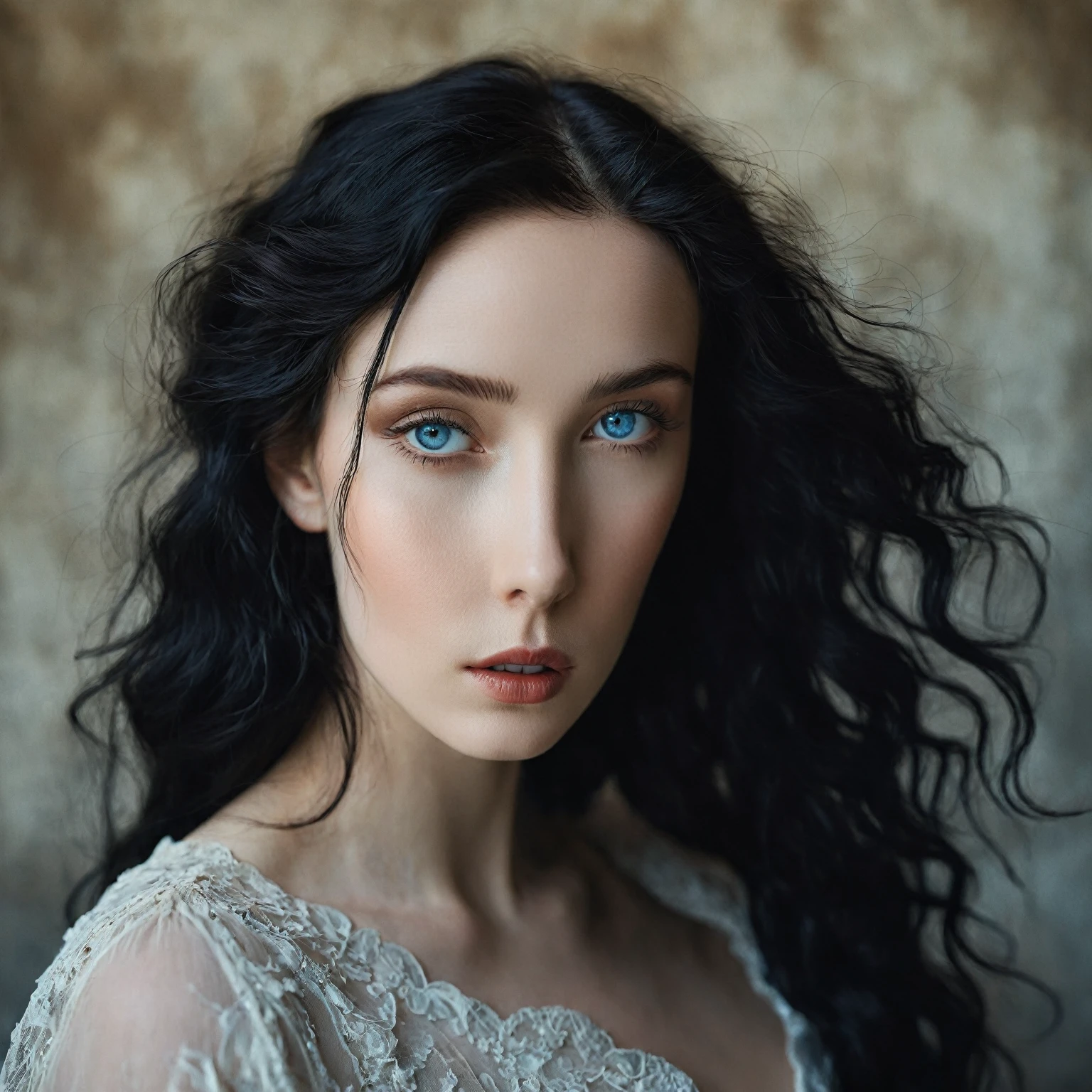 a dramatic and intimate artistic portrait photography of Shamakova Liliya, a young woman with porcelain-like skin and striking features, including piercing blue eyes and raven-black hair styled in loose, effortless waves, set against a muted, earthy-toned background with subtle texture, evoking a sense of moody romanticism, captured in a shallow depth of field, with a soft, natural light illuminating her face, and a hint of warm golden tones, conveying a sense of nostalgia and timelessness, with the subject's gaze directed softly towards the viewer, exuding an air of quiet confidence and mystique, with the photographer's signature style evident in the deliberate use of negative space, subtle vignettes, and a mix of warm and cool tones, creating a sense of depth and atmosphere.