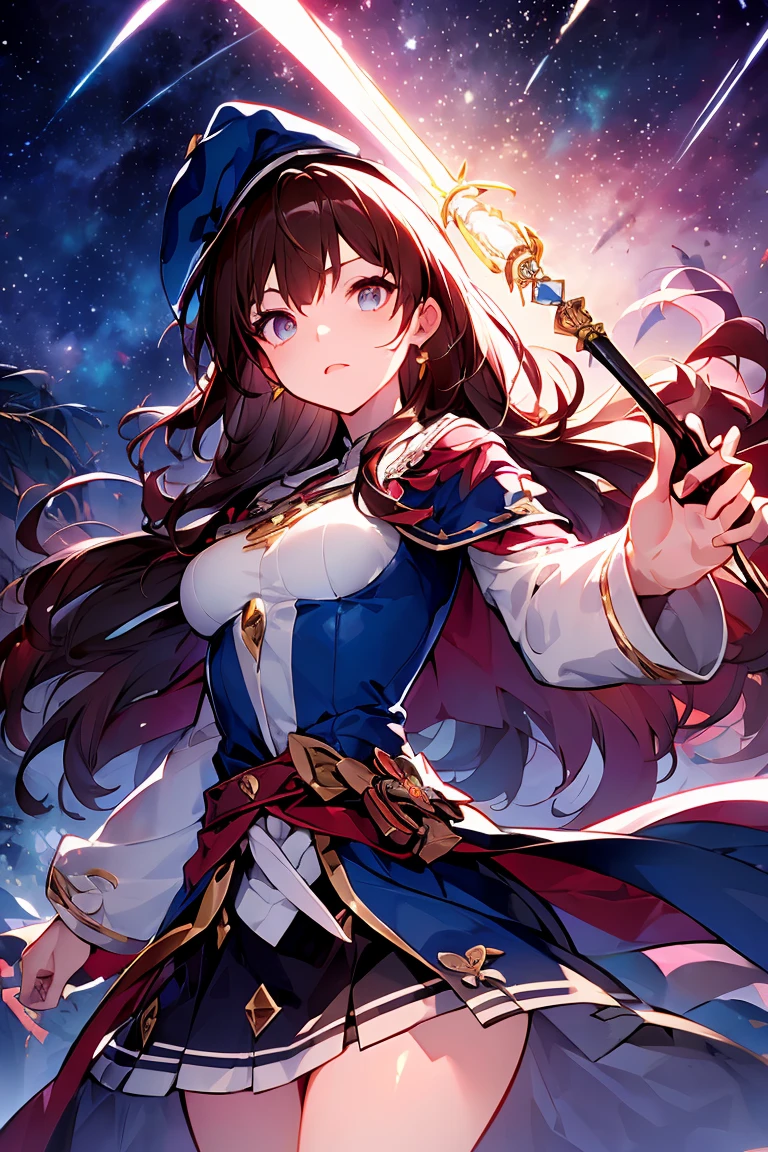 (masterpiece), detailed face, detailed fingers, magical girl, (wizard hat), (wide-brimmed hat), Background (shooting stars, night sky), light effects, Dark brown hair, long hair, windblown hair, 4 foot long wand, (holding wizard's wand), A black cape embroidered with gold thread, a large red ribbon on the chest, Brave expression, Detailed skin, high quality, drawn by professional anime illustrators