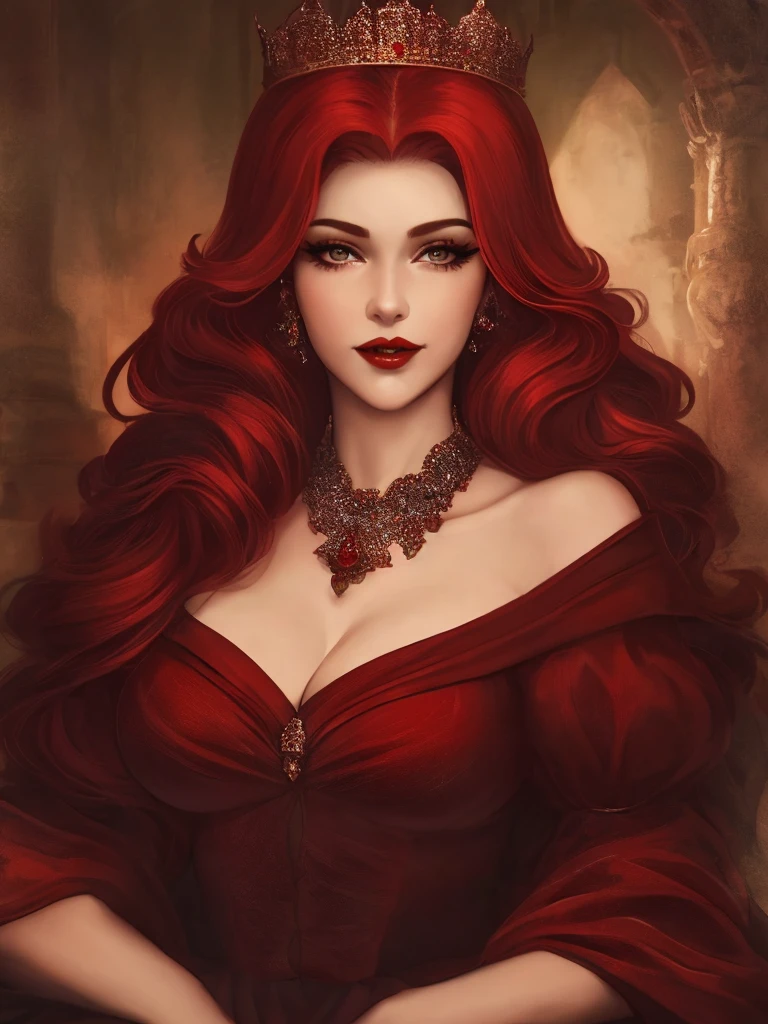 {{Renaissance style}}, 1girl, {{medieval evil queen}}, 45 year old woman milf, {{old features}}, curvy body, chubby body, soft tummy, thick thighs, cruel smile, intimidating sensual expression, {{mature face}}, black eyes, perfect eyes, {{long red hair}}, beautiful face, red and black makeup, thick red lips, medium pale skin, {medieval and royal red dress with neckline}, {{medium breast}}, royal necklace, royal golden crown, sitting on throne, front view, {{perfect face}}, perfect eyes, detailed face, perfect hand, dramatic lights, medieval background with details, castle, dinamic pose, best quality, hd