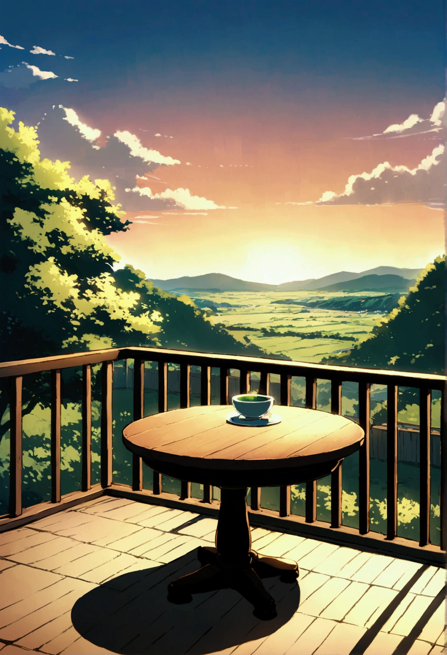 high resolution、Ghibli、Japan TV anime、table、Ohagi、Sakuramochi、Green Tea 、Bright atmosphere、No people、landscape