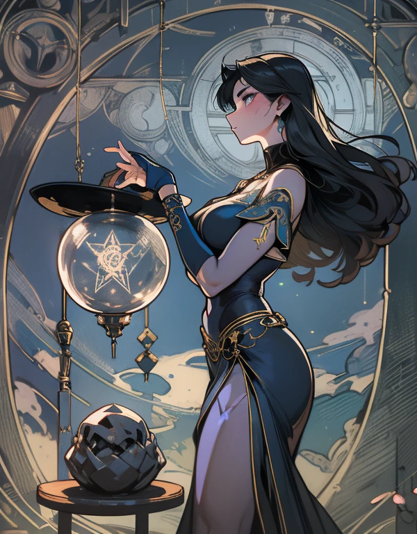 depicts a modern-day witch who has embraced the world of cybernetics to enhance her magical abilities. The artwork should convey the enchanting blend of traditional witchcraft and futuristic technology. Here are some specific elements to include: The Witch's Lair: The setting should be a cozy yet slightly eerie room, filled with magical books, crystal balls, potion ingredients, and antique furnishings. The room should be dimly lit by candles and a soft, mystical glow emanating from her cybernetic enhancements. The Cyborg Witch: The central focus of the artwork is the witch herself. She's a striking figure with a mix of traditional witch attire and cybernetic enhancements. Her clothing should have a witchy, occult aesthetic, with flowing robes, a pointed hat, and an intricate pentagram necklace. Her arms, however, have been upgraded with cybernetic components that incorporate magical symbols and glowing runes. Magical Interface: The witch is in the midst of casting a spell, with a holographic, touch-screen interface floating before her. This interface includes spell incantations, arcane symbols, and digital components, demonstrating her fusion of magic and technology. Spell Ingredients: On a nearby table, there should be a collection of spell ingredients, like herbs, potions, and magical artifacts. Some of these items may have been modified with cybernetic enhancements, blurring the line between the natural and the technological. Familiar: The witch's familiar, perhaps a cat or raven, should be present in the scene, serving as her magical companion. The familiar could also have subtle cybernetic enhancements or glowing eyes. Glowing Runes: The room should be adorned with ancient symbols and glowing runes on the walls and floor, contributing to the magical atmosphere. Aetherial Lighting: Use a combination of mystical, ethereal lighting and cybernetic glows to create a captivating interplay of light and shadow. The contrast between the tradit