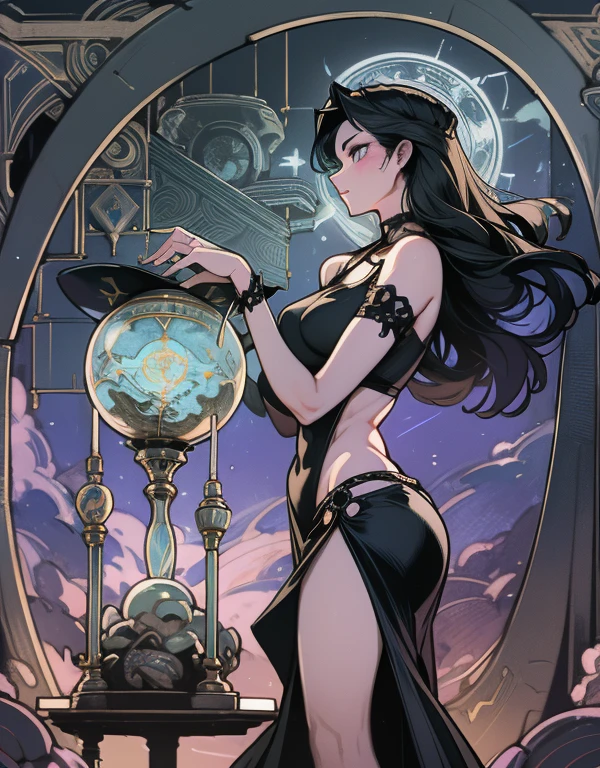 depicts a modern-day witch who has embraced the world of cybernetics to enhance her magical abilities. The artwork should convey the enchanting blend of traditional witchcraft and futuristic technology. Here are some specific elements to include: The Witch's Lair: The setting should be a cozy yet slightly eerie room, filled with magical books, crystal balls, potion ingredients, and antique furnishings. The room should be dimly lit by candles and a soft, mystical glow emanating from her cybernetic enhancements. The Cyborg Witch: The central focus of the artwork is the witch herself. She's a striking figure with a mix of traditional witch attire and cybernetic enhancements. Her clothing should have a witchy, occult aesthetic, with flowing robes, a pointed hat, and an intricate pentagram necklace. Her arms, however, have been upgraded with cybernetic components that incorporate magical symbols and glowing runes. Magical Interface: The witch is in the midst of casting a spell, with a holographic, touch-screen interface floating before her. This interface includes spell incantations, arcane symbols, and digital components, demonstrating her fusion of magic and technology. Spell Ingredients: On a nearby table, there should be a collection of spell ingredients, like herbs, potions, and magical artifacts. Some of these items may have been modified with cybernetic enhancements, blurring the line between the natural and the technological. Familiar: The witch's familiar, perhaps a cat or raven, should be present in the scene, serving as her magical companion. The familiar could also have subtle cybernetic enhancements or glowing eyes. Glowing Runes: The room should be adorned with ancient symbols and glowing runes on the walls and floor, contributing to the magical atmosphere. Aetherial Lighting: Use a combination of mystical, ethereal lighting and cybernetic glows to create a captivating interplay of light and shadow. The contrast between the tradit