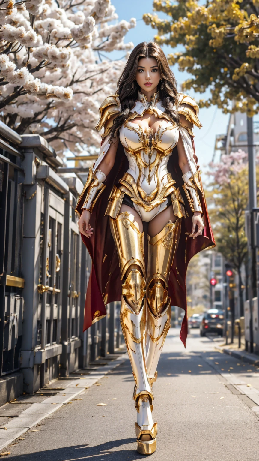 1GIRL, SOLO, (dark hair, hair gold ornament), (HUGE FAKE :1.3), (white, red, gold, FUTURISTIC MECHA BATTLE ARMOR, ROYAL CAPE, CLEAVAGE:1.5), (SKINTIGHT YOGA PANTS, HIGH HEELS:1.2), (GLAMOROUS BODY, SEXY LONG LEGS, FULL BODY:1.3), (FROM FRONT, LOOKING AT VIEWER:1), (WALKING DOWN ON STREET CHERRY TREES:1.3), PHYSICALLY-BASED RENDERING, ULTRA HIGHT DEFINITION, 8K, 1080P.