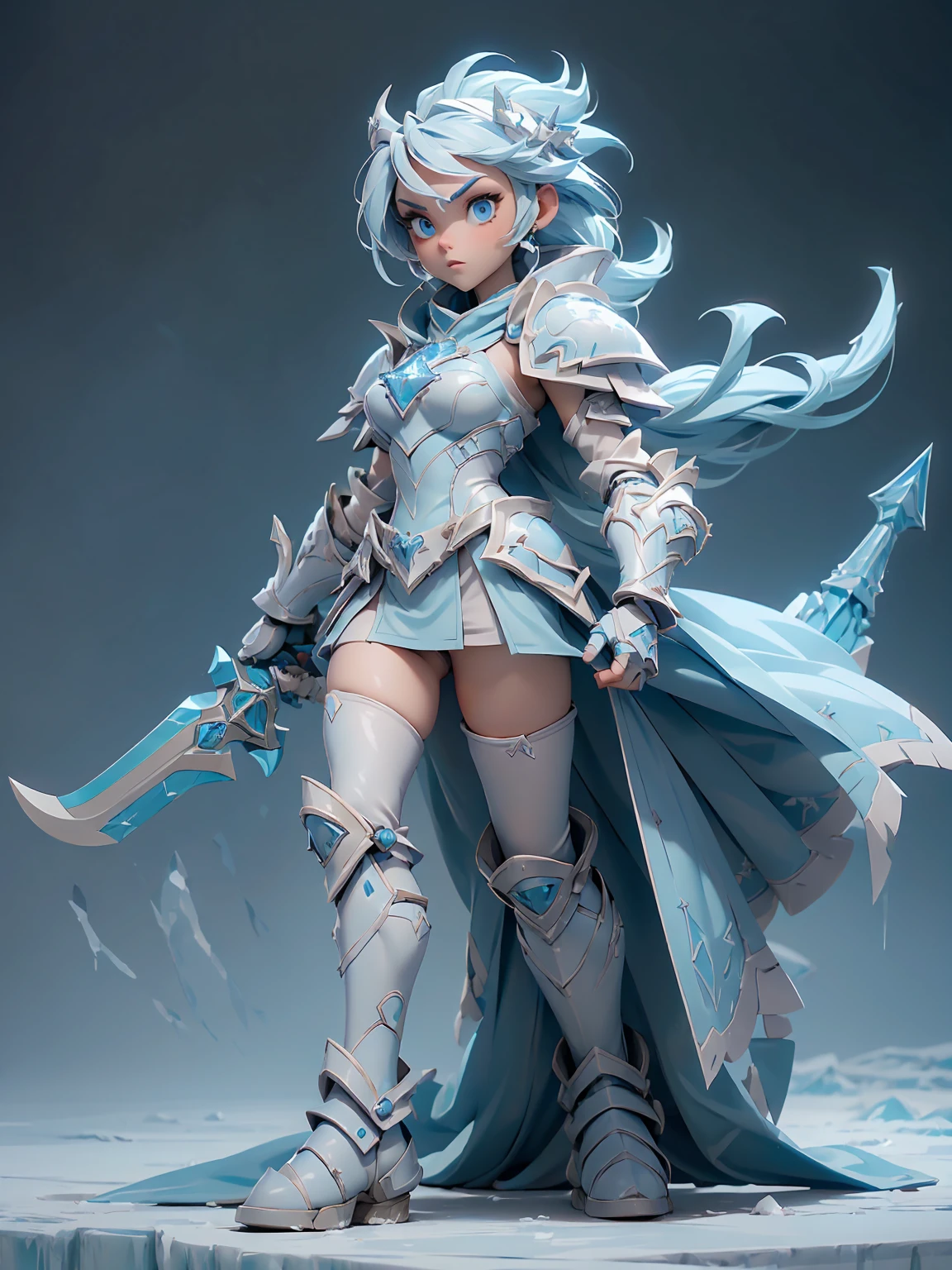 (((masterpiece, best quality, 8k))) Design a layout showcase Gaming character, (1girl),((perfect face, high detailed face)). Blue+White armor, icy and pristine, ((showcase weapon:1.4)), ice staff, (masterpiece:1.2), (best quality), 4k, ultra-detailed, (Step by step design, layout art:1.5), (frosty lighting, chilling atmosphere), ice mage, ((fur gloves)), (((revealing ice armor:1.3))), ice vambraces, fur-trimmed boots, (((full_body_shot:1.4)))