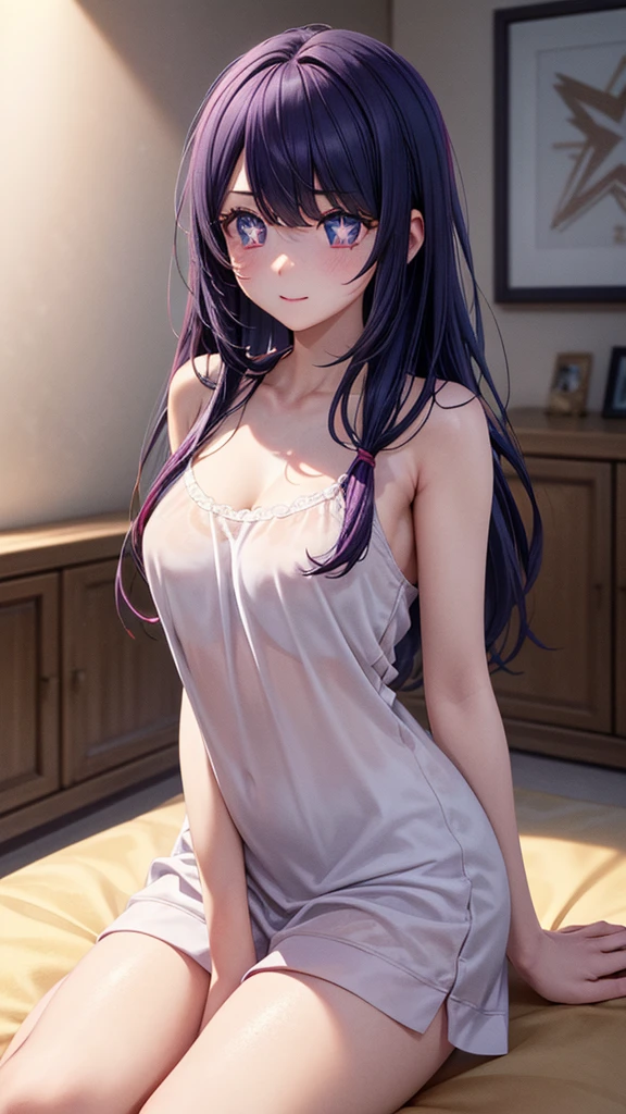 (8k, Ultra-high resolution, The best masterpiece, best quality:1.2), Very detailed, portrait, Half Body, side, focus on eyes, HD RAW photos, career arrest, High quality and beautiful, 超高清 8k 影像照片, confess, Professional photography, (actual, actual相片: 1.37), Very detailed的美麗女孩, Super delicate face shape, Contoured eyes, (Very detailed eyes), Delicate skin, (HD Skin:1.2), Neatly contoured fingers, (20:1.2), Twenty generations, cute girl, young beautiful mother, solo, Ai Hoshino, Hoshino Ai, (Wear comfortable loungewear), Vibrant look, (Layperson, Living room), Dynamic dark purple long hair, shiny purple eyes, (Star-shaped pupil:1.5), one hand raised, Sensual, warm, Exuding motherly love, perfect anatomy, Detailed background, HD Background, Volumetric lighting, actual, stunning details, 8k Ultra HD, high quality, CG unity, C4D Rendering, 3D Rendering, Octane Rendering,