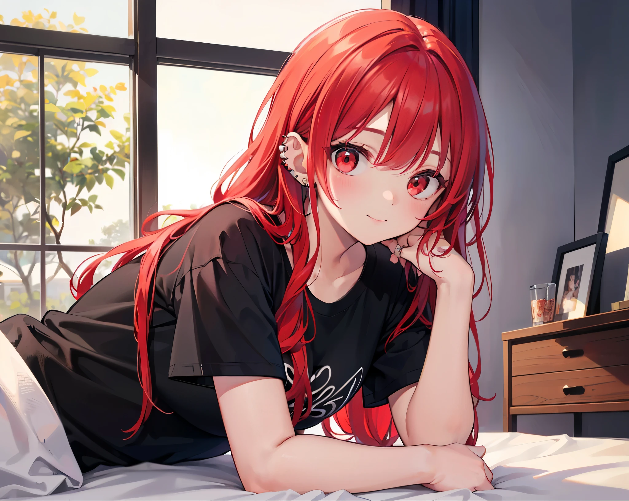 Realistic,Highest quality, Ultra Detail, High-quality CG rendering, The most delicate and beautiful, Floating softly, High resolution, (1 girl), (Highest quality,4K,8k,masterpiece:1.2),(Bright Red Hair:1.5), (Medium Long Hair:1.5),(Red eyes:1.5),(Slightly larger breasts:1.2),(Black oversized short sleeve t-shirt:1.5),(Piercing in left ear:1.3),Inside the room,smile,bed,(bedに座っている:1.3)