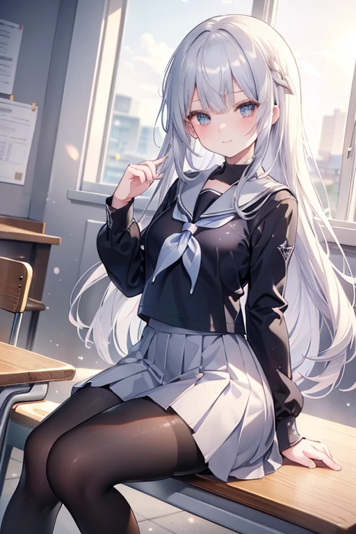 masterpiece, best quality, ultra-detailed, illustration, colorful, falt color, depth of field, lens flare,

1girl, anime, sitting, silver hair, looking at viewer,school, classroom, pleated miniskirt , , serafuku, black pantyhose, detailed skin texture, detailed cloth texture, beautiful detailed face,,long hair , smile 