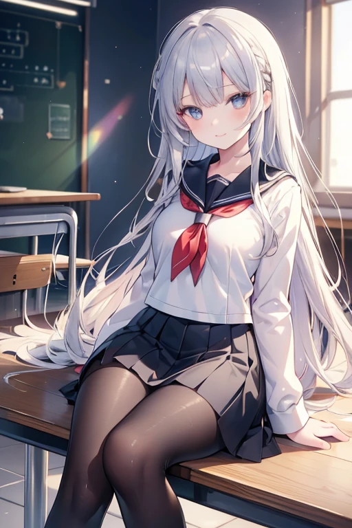 masterpiece, best quality, ultra-detailed, illustration, colorful, falt color, depth of field, lens flare,
1girl, anime, sitting, silver hair, looking at viewer,school, classroom, pleated miniskirt , , serafuku, black pantyhose, detailed skin texture, detailed cloth texture, beautiful detailed face,,long hair , smile