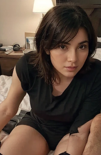 1 mujer, cabello largo y ondulado , ojos azul, condominio, Nanny,sitting on a bed wearing a dress pajamas looking at the camera daring poses